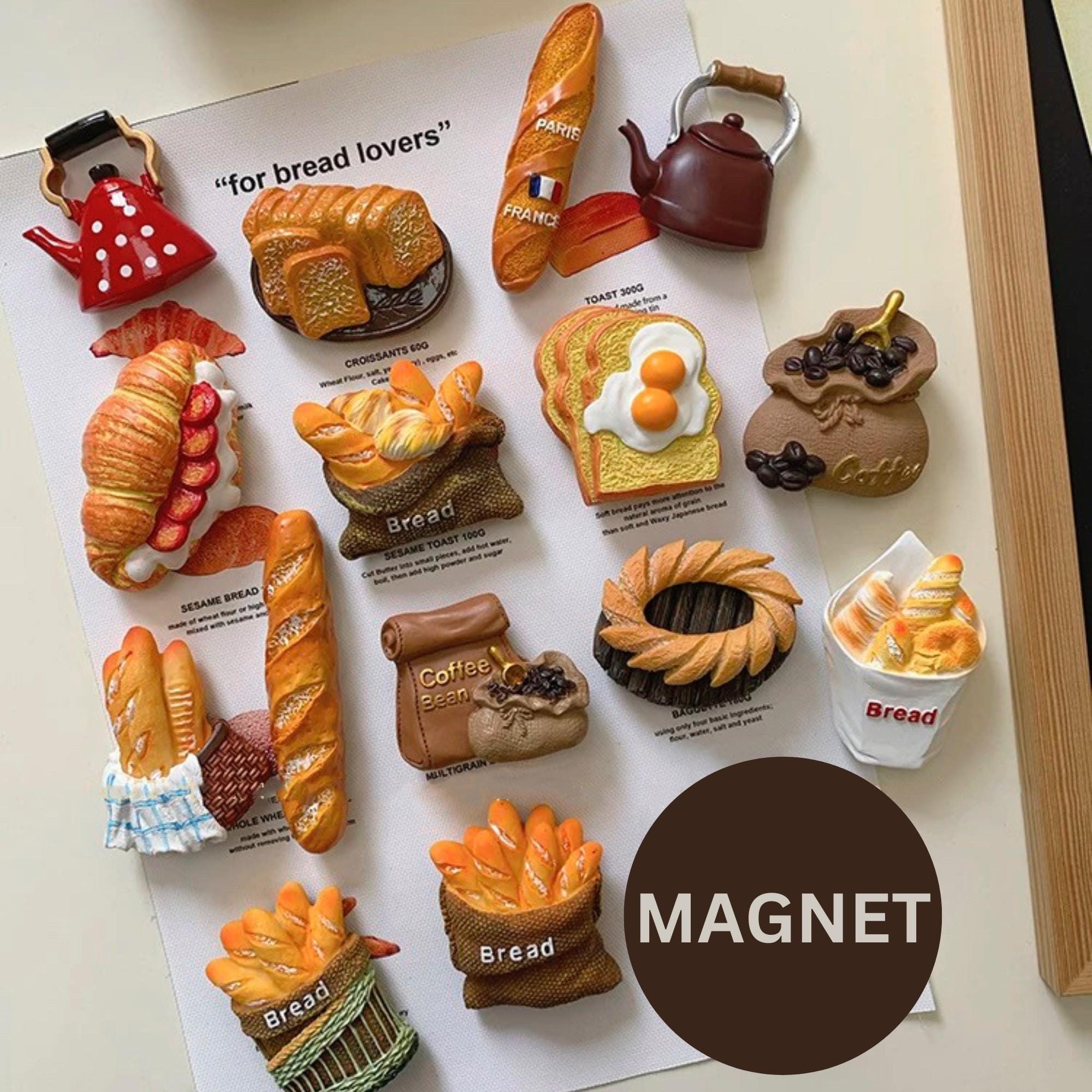 Bread Bakery Fridge Magnet Set, Realistic Miniature Food, Kitchen Decor, Gift Refrigerator Magnets, Waffle Whole Breads Croissant Baguette