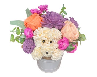 Puppy Love: Handcrafted Wood/Silk Flower Bouquet - Dog Theme, Pet Lover Gift