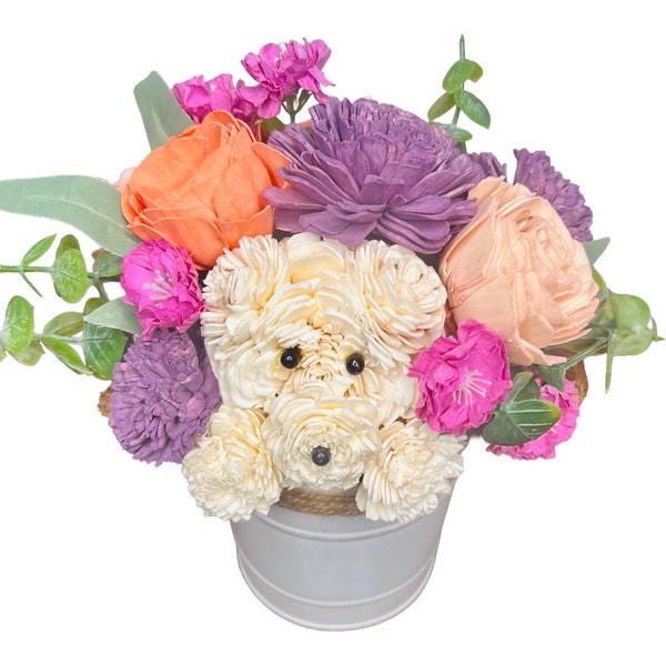 Puppy Love: Handcrafted Wood/Silk Flower Bouquet - Dog Theme, Pet Lover Gift