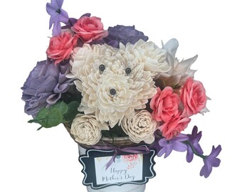 Puppy Love Mother's Day Edition: Handcrafted Wood/Silk Flower Bouquet - Dog Theme, Pet Lover Gifts, Mother's Day Gift