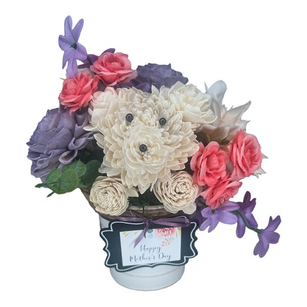 Puppy Love Mother's Day Edition: Handcrafted Wood/Silk Flower Bouquet - Dog Theme, Pet Lover Gifts, Mother's Day Gift