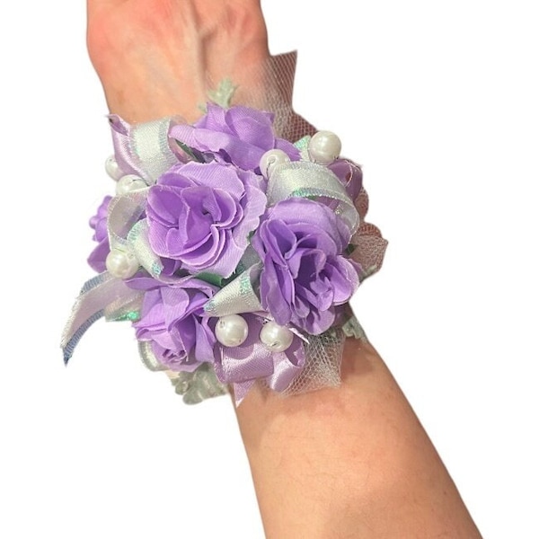 Lavender/Purple Rose Wrist Corsage Set - Iridescent Ribbon and Pearls - Wedding Corsage, Prom Corsage, Matching Boutonnière