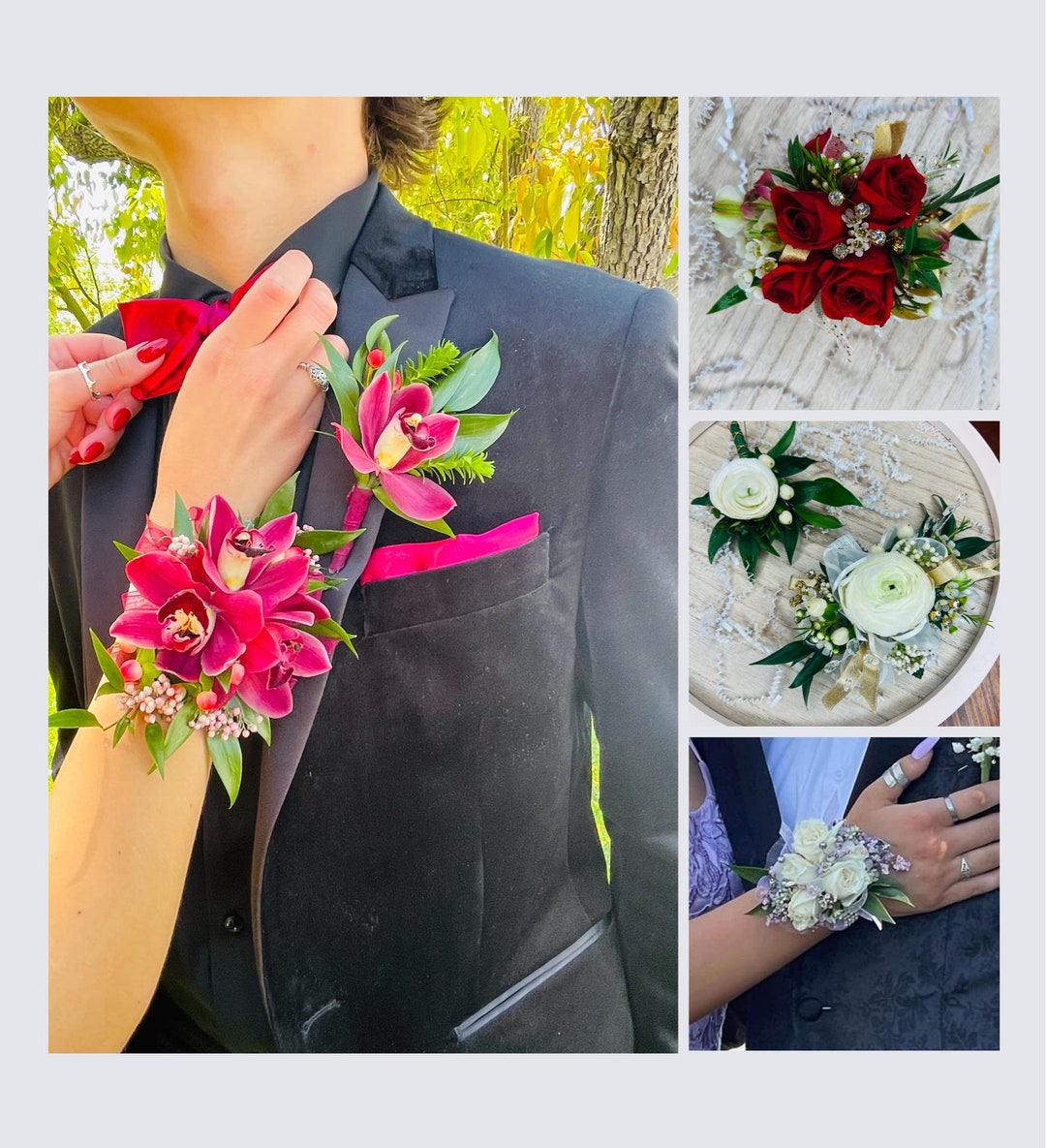 Set Da Sposa: Corsage Da Polso Con Fiore Rosso E Boutonniere All'Occhiello - Fiori Artificiali Per Matrimonio, Ballo, Damigella E Sposo