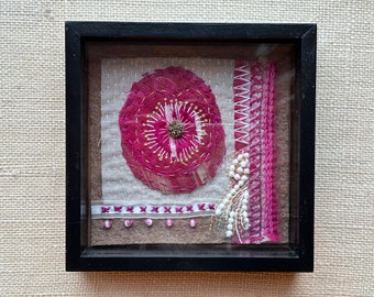 Pink Flower - Framed Hand Embroidered Raw Edge Applique - Shadow Box - Slow Stitched