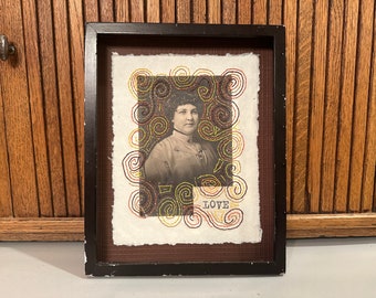 Love - Framed Embroidered Cabinet Card - Shadow Box - Slow Stitched