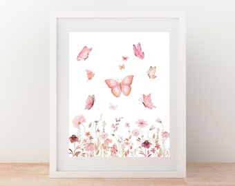 Butterflies Print Pink Nursery Decor Girl's Room Wall Art Printable