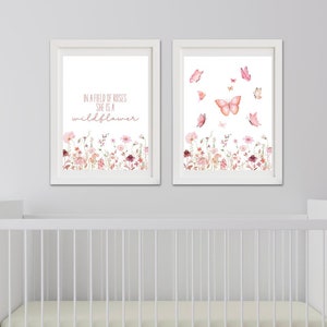 Set of Two Flowers and Butterflies Prints, Wildflowers and Butterflies Girl&#39;s Room Decor, Pink Girl&#39;s Nursery Art Prints