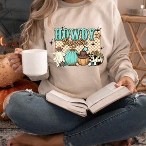 HOWDY PUMPKIN SWEATER, Sweater Weather, Howdy, Country Music, Cowboy, Cow Print, Nashville, Halloween Sweater, Halloween Vibes, Halloween