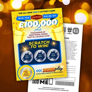 Fun realistic novelty scratch card for him/husband/boyfriend, personalised custom hidden message reveals gift