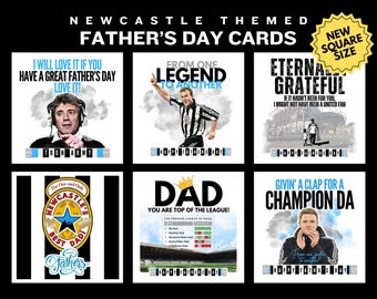 May include: A collection of Newcastle-themed Father's Day cards. Each card features a unique design with text and images related to the Newcastle United Football Club. The cards are square and include phrases like "Happy Father's Day."