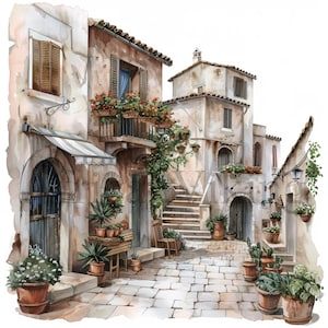Italian Village Streets Clipart | 10 High Quality JPGs | Digital Download | Watercolor Art | Card Making | Mixed Media | Digital Paper Craft