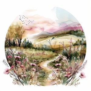 Clipart Spring Meadow / 10 JPG di alta qualità / Arte dell'acquerello / Download digitale / Creazione di cartoline / Mestiere con la carta digitale / Supporti misti