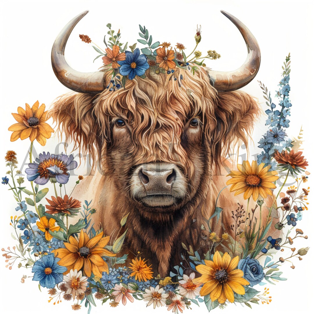 Floral Highland Cow Watercolor Clipart: Nursery Art (digital Download ...