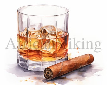 Cigar and Glass of Whisky Clipart | 10 High Quality JPGs | Digital Download | Card Making | Digital Paper Craft | Scrapbooking | Mixed Media