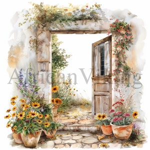 Porte sulla campagna Clipart / 10 JPG di alta qualità / Download digitale / Creazione di cartoline / Supporti misti / Mestiere di carta digitale / Arte dell'acquerello