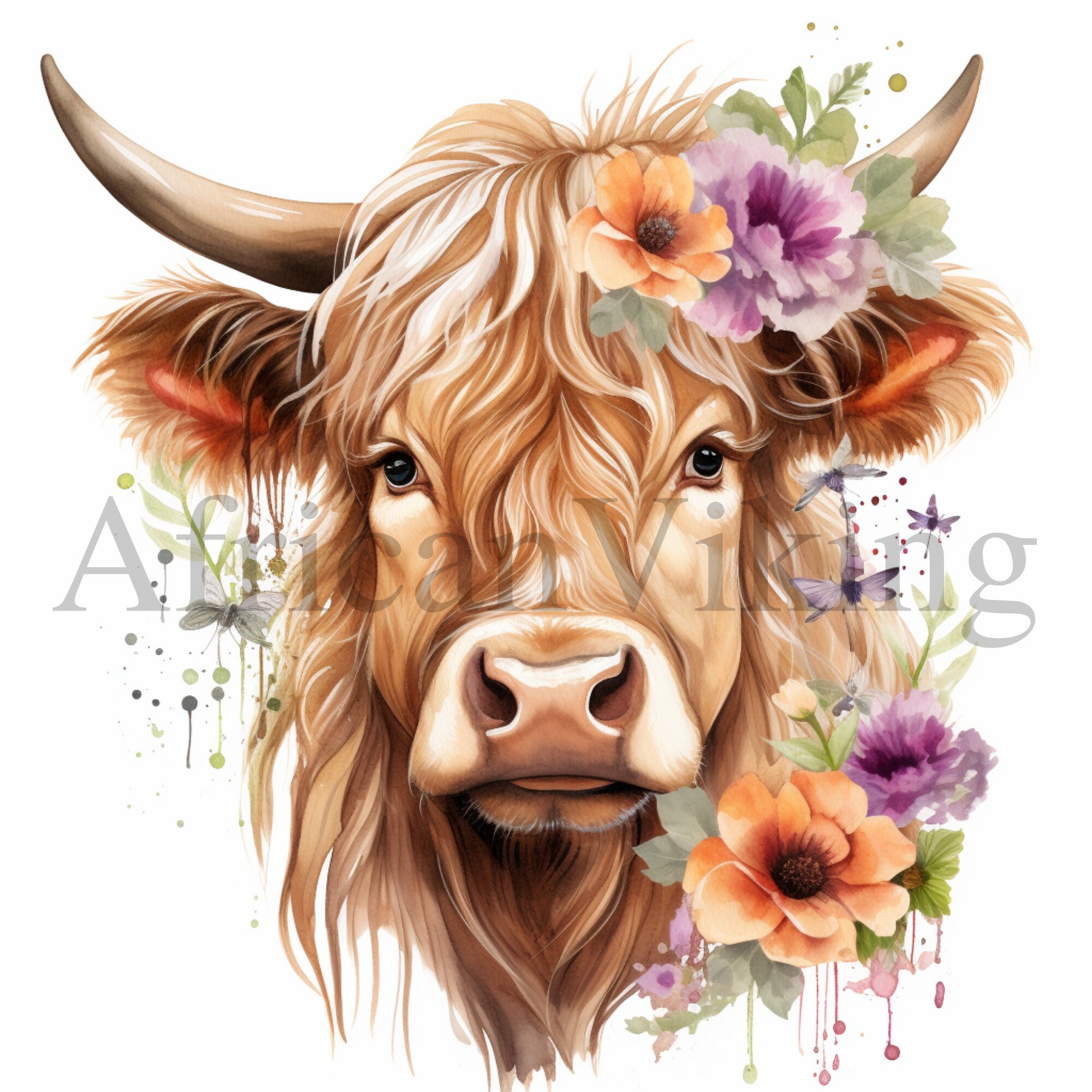 Floral Highland Cow Watercolor Clipart: Nursery Art (digital Download ...