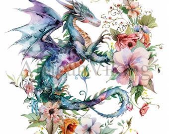 Floral Dragon Clipart: Fantasy Art, Printable Dragon (Digital Download)