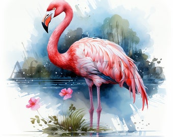 Watercolor Flamingo Clipart | Tropical Bird JPGs (Digital Download)