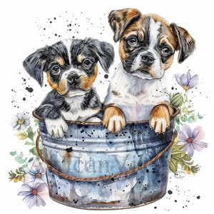 Dogs in a Bucket Clipart | 10 High Quality JPGs  | Digital Download | Digital Paper Craft | Printable Artwork | Card Making | Animal Clipart