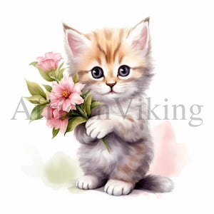 Kitten With Flowers Clipart | 10 High Quality JPGs | Digital Download | Paper Craft | Clip Art | Cat Clipart | Printable Watercolor Clipart