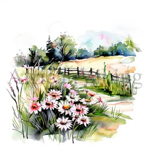 Watercolor Wildflowers Clipart | 10 High Quality JPGs | Digital Download | Printable Landscapes | Landscape Scenes | Digital Paper | Clipart