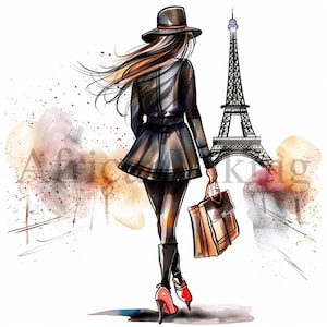 Op de afbeelding: Een vrouw in een zwarte jas en hoed loopt met een bruine leren handtas van de camera weg. De Eiffeltoren is op de achtergrond te zien, met een aquareleffect.