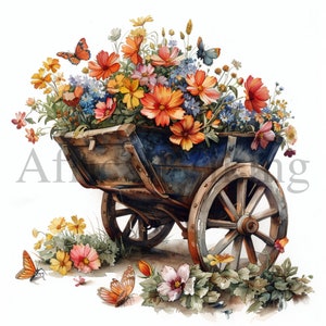 Floral Wheelbarrow Clipart | Watercolor Flower Cart (Digital Download)