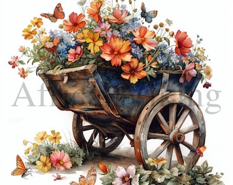 Blumen Schubkarre Clipart | Aquarell Blumenwagen (Digitaler Download)
