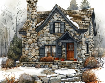 Winter Stone Cottage Watercolor Clipart (Digital Download)