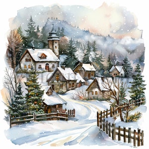 Winter Village Clipart / 10 JPG di alta qualità / Arte dell'acquerello / Download digitale istantaneo / Creazione di carte / Supporti misti / Mestiere con la carta digitale