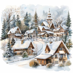 Winter Village Clipart / 10 JPG de alta calidad / Arte de acuarela / Descarga digital instantánea / Fabricación de tarjetas / Técnica mixta / Artesanía de papel digital