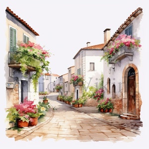 Clipart strade dei villaggi italiani / 10 JPG di alta qualità / Download digitale / Creazione di cartoline / Mestiere di carta digitale / Arte dell'acquerello / Supporti misti