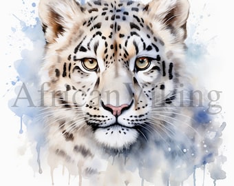 Ilustración de acuarela de leopardo de las nieves / Arte infantil (Descarga digital)
