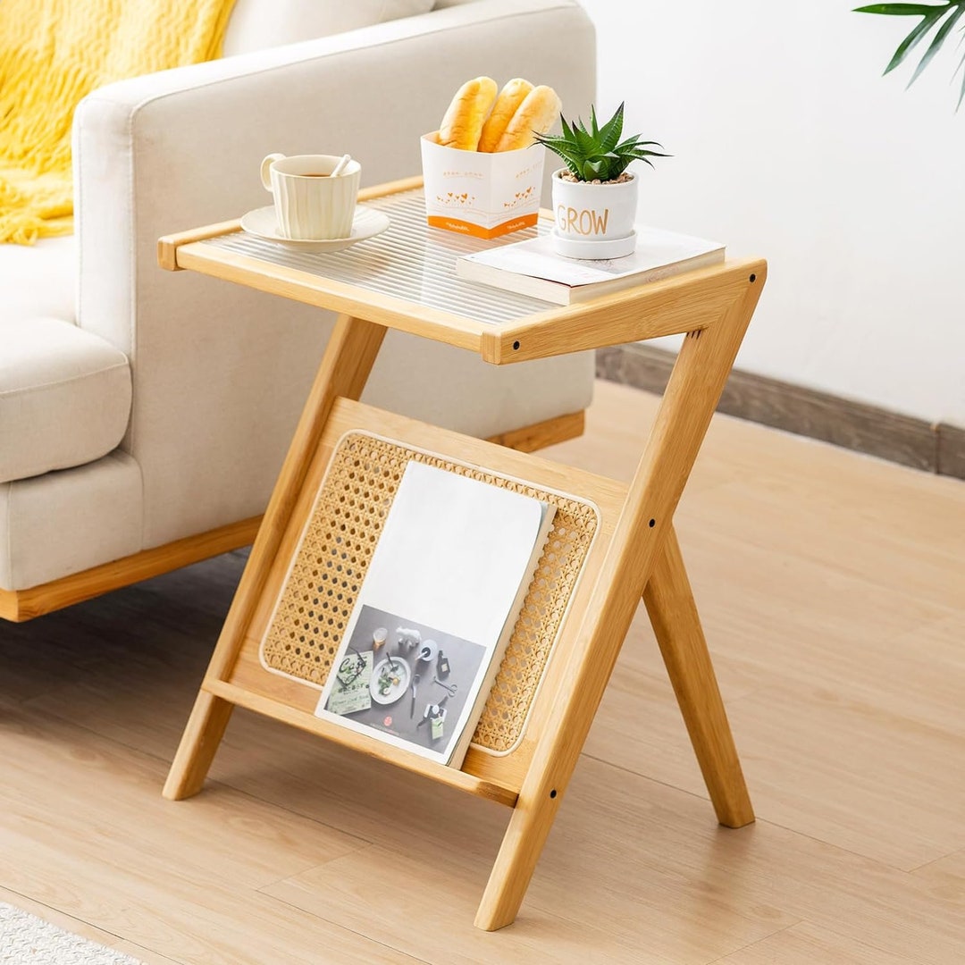 Boho Rattan End Table Glass Top Bamboo Frame Magazine Etsy