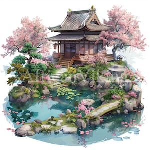Clipart paesaggio giapponese ad acquerello / 10 JPG di alta qualità / Download digitale / Arte dell'acquerello / Creazione di cartoline / Supporti misti / Mestiere con la carta