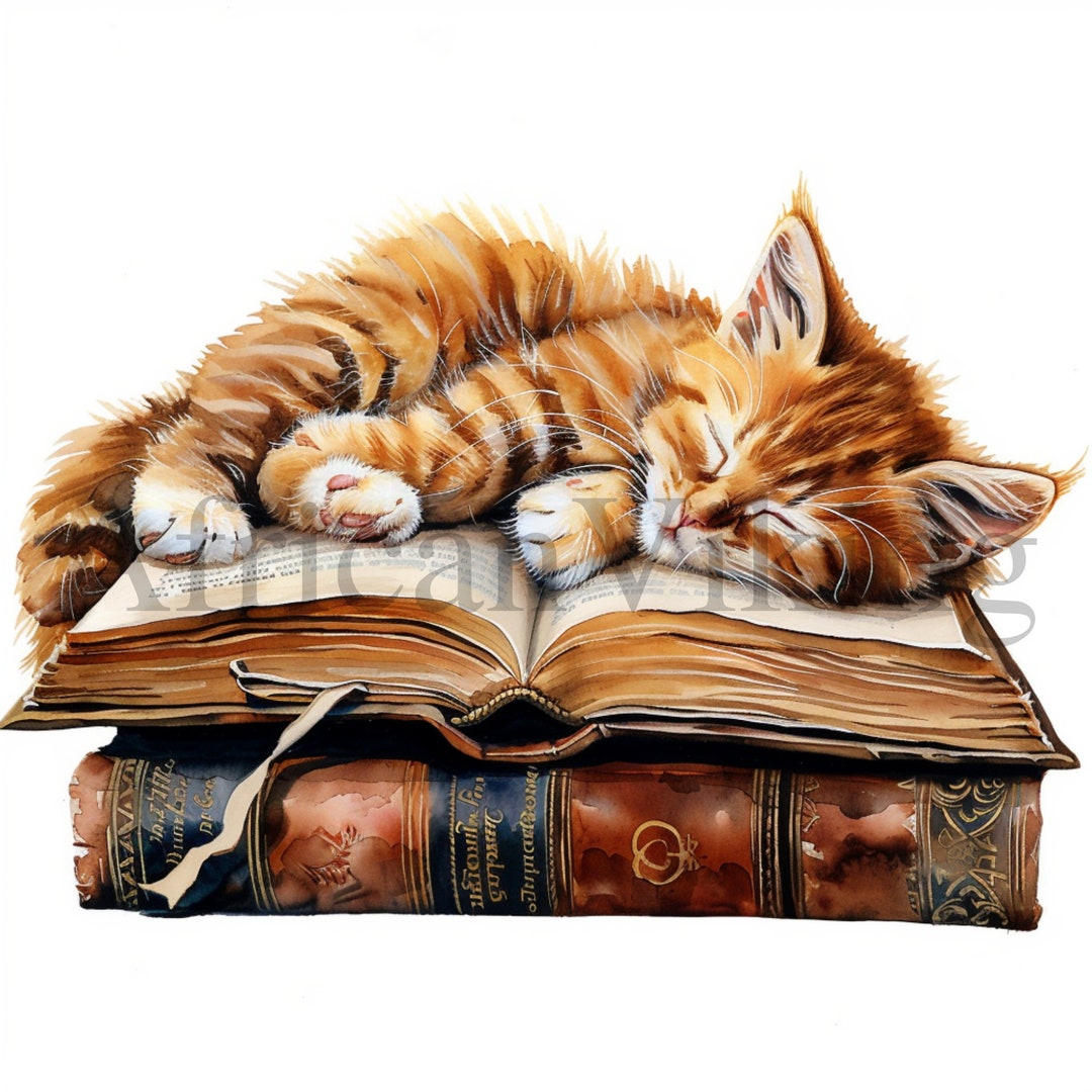 Cat Sleeping on Books Clipart | 10 High Quality Jpgs | Digital Download ...