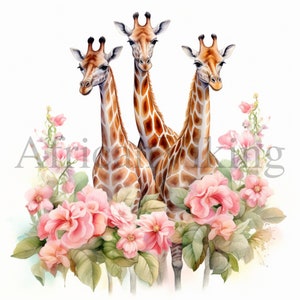 Clipart floral de girafas | 10 JPGs de alta qualidade | Download digital | Arte do berçário | Planejador Digital | Fabricação de cartões | Registro no diário | Aquarela