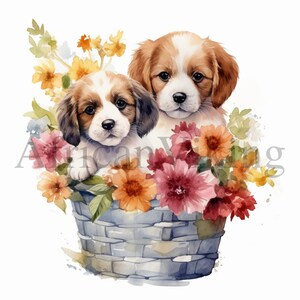Watercolor Puppies in Flower Basket Clipart | 10 High Quality JPGs | Digital Download | Card Making | Animal Clipart | Digital Paper Craft