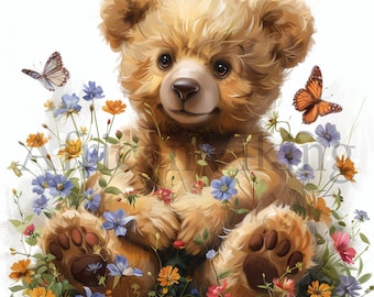 Floral Teddy Bear Clipart | 10 High Quality JPGs | Digital Download | Nursery Art | Cute Animal Clipart | Digital Paper Craft | Card Making