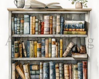Bookshelf Clipart: Watercolor Books, Nursery Art (Digital Download)