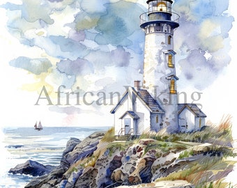 Watercolor Lighthouse Clipart: Coastal Art JPGs (Digital Download)