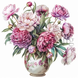 Clipart vaso di peonie, 10 JPG di alta qualità, download digitale, creazione di cartoline, journaling, creazione con carta digitale, clipart, arte botanica