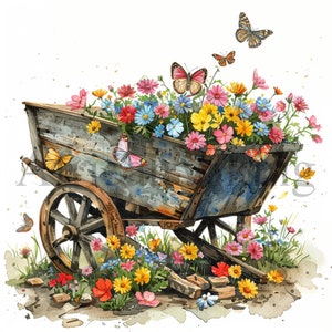 Wheelbarrow with Flowers Clipart | 10 High Quality JPGs | Digital Download | Floral Art | Card Making | Digital Paper Craft | Nursery Art