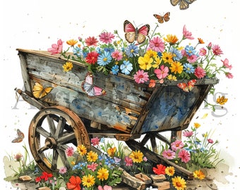 Blumen Schubkarre Clipart | Bunte Blumen, Schmetterlinge (Digital Download)