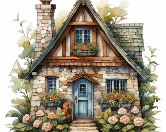 Watercolor Stone Cottage Clipart | Card Making, Mixed Media (Digital Download)