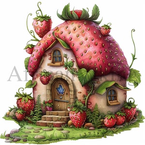 Strawberry House Clipart / 10 JPGs de alta calidad / Descarga digital / fresa / Fairy Fruit Houses Clipart / Obras de arte imprimibles / Clip Art