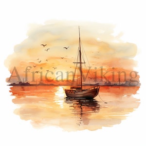 Clipart Sunset Boats / 10 JPG di alta qualità / Download digitale / Creazione di cartoline / Arte acquerello / Tecnica mista / Mestiere con la carta digitale / Clip Art