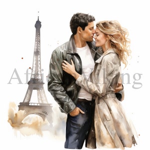 Pareja amorosa en París Clipart / 10 JPG de alta calidad / Descarga digital / Fabricación de tarjetas / Arte infantil / Artesanía de papel / Imágenes prediseñadas del Día de San Valentín