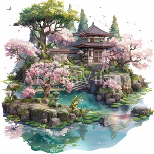 Clipart paesaggistico giapponese / 10 JPG di alta qualità / Media misti / Mestiere con la carta digitale / Download digitale /Arte dell'acquerello / Creazione di carte