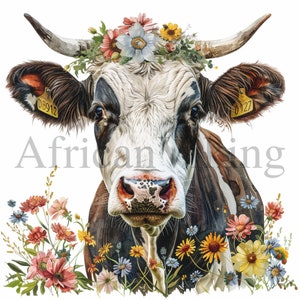 Cow and Flowers Clipart | 10 High Quality JPGs | Digital download | Card Making | Cute Cow | Digital Paper Craft | Watercolour Painting